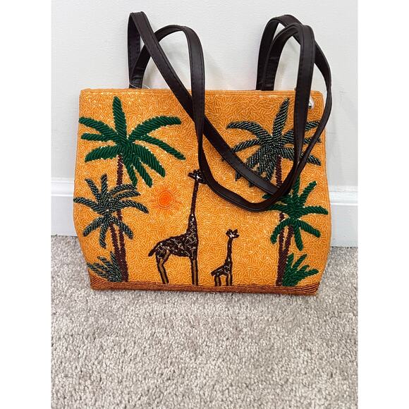 Chico's Izmir Fully Beaded Safari Desert Giraffe Shoulder Tote Bag NWT - Picture 5 of 10